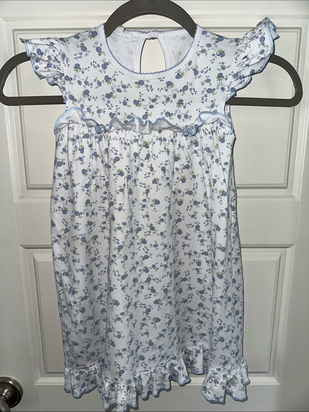 Girls' White Dress with Light Blue Floral Print and Ruffle Trim